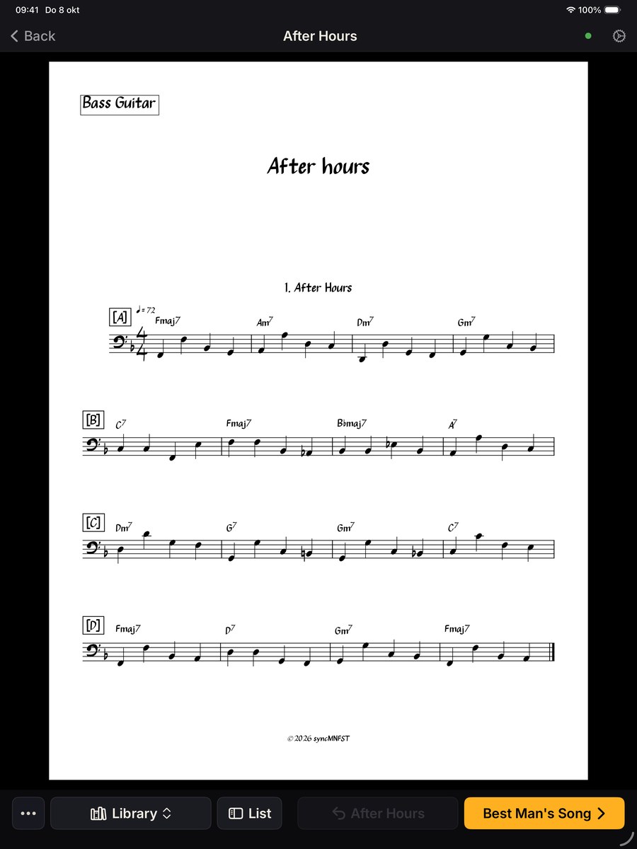 Bass player's iPad showing the bass part for After Hours