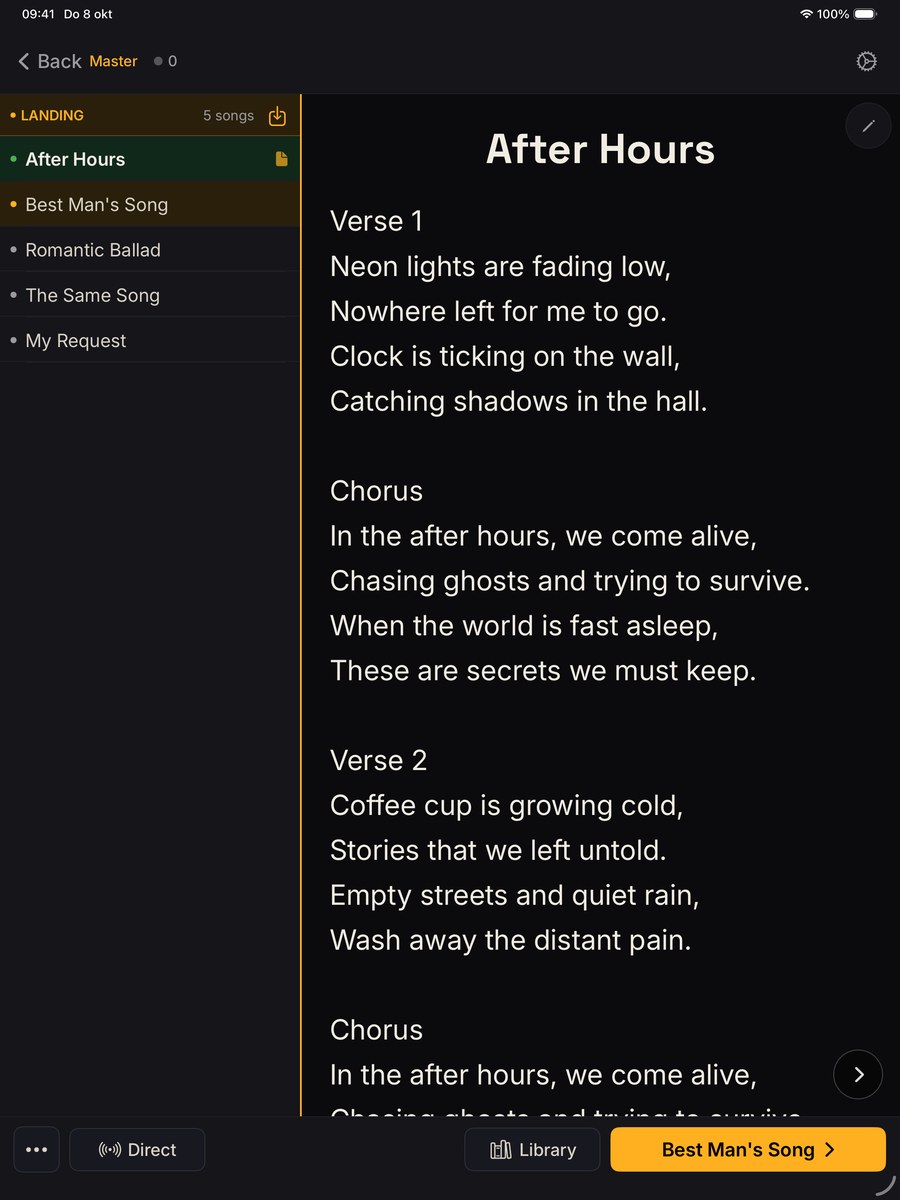Bandleader iPad showing the setlist and the lyrics for After Hours