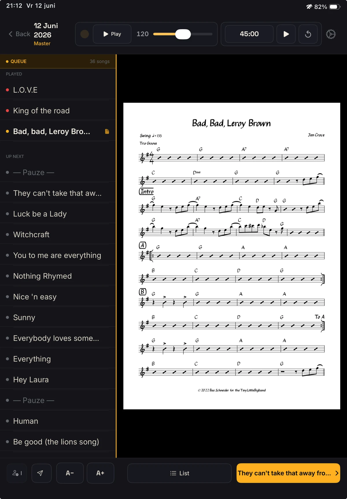 Bassist iPad showing the bass chart for Bad Bad Leroy Brown