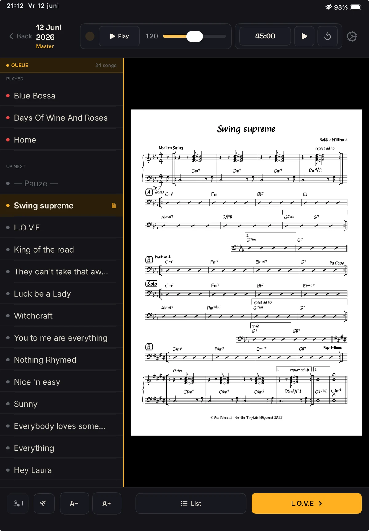 Bandleader iPad showing live setlist with current song highlighted