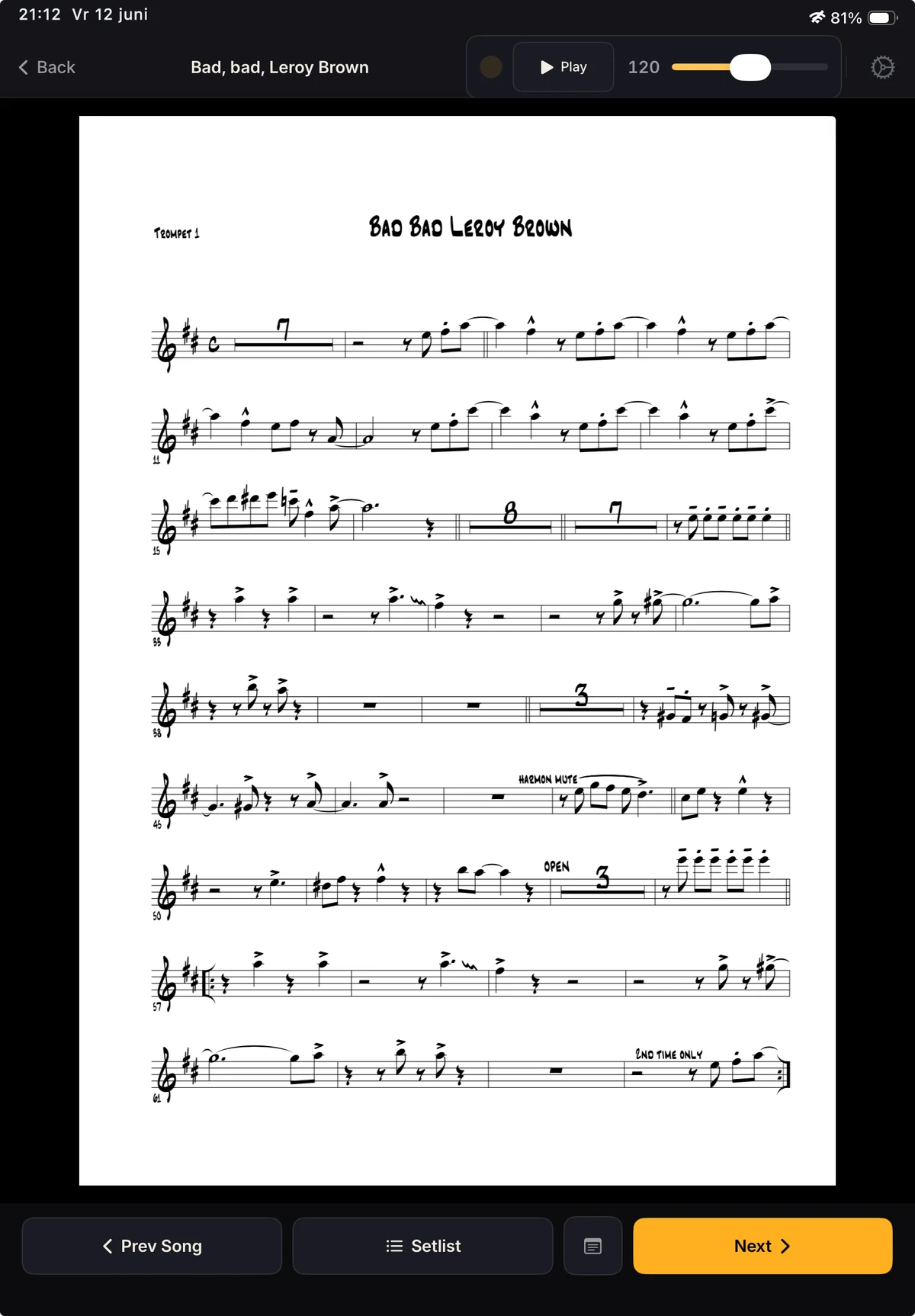 Trumpet player iPad showing their own part for the same song
