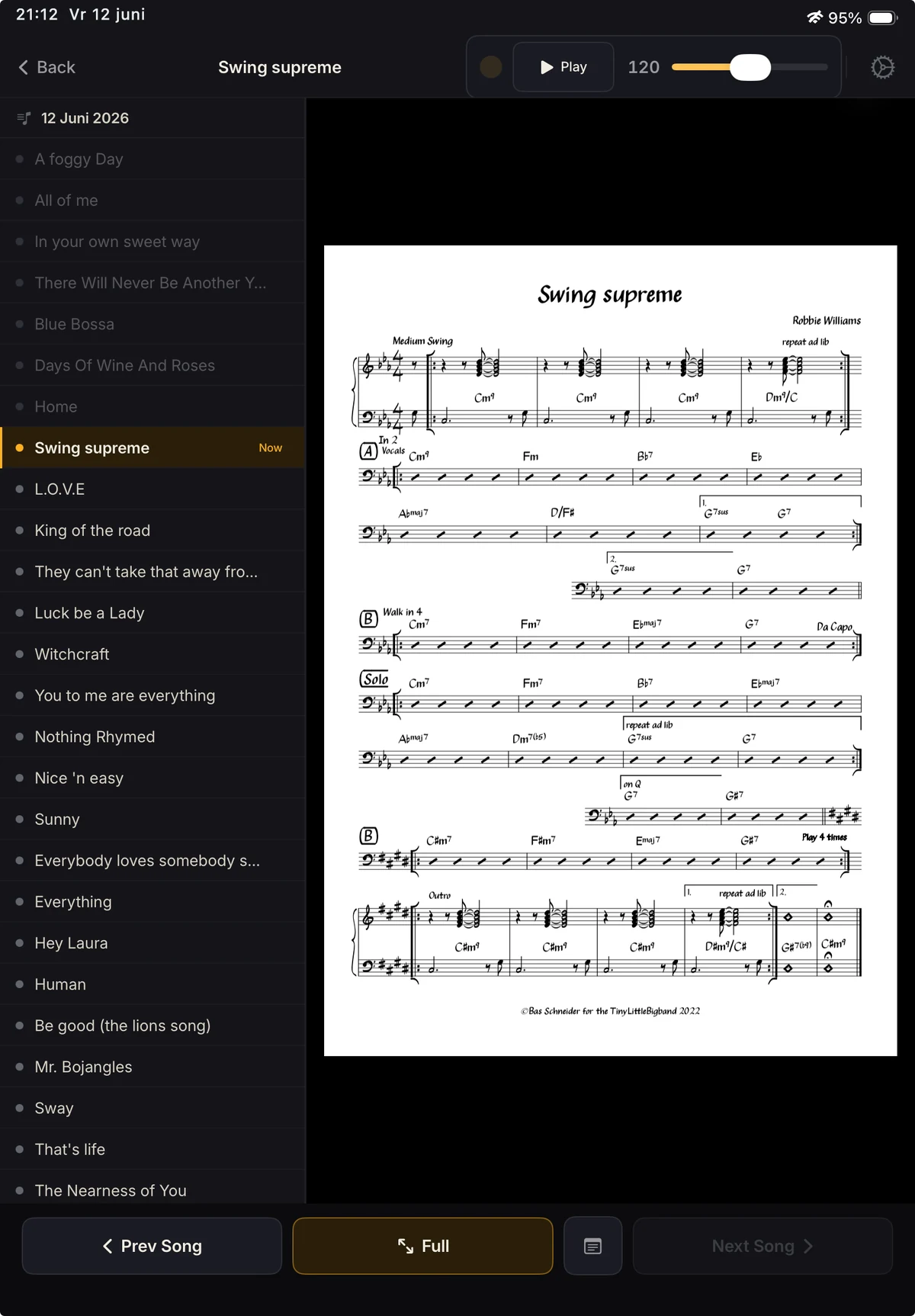Musician iPad showing the same setlist syncing instantly