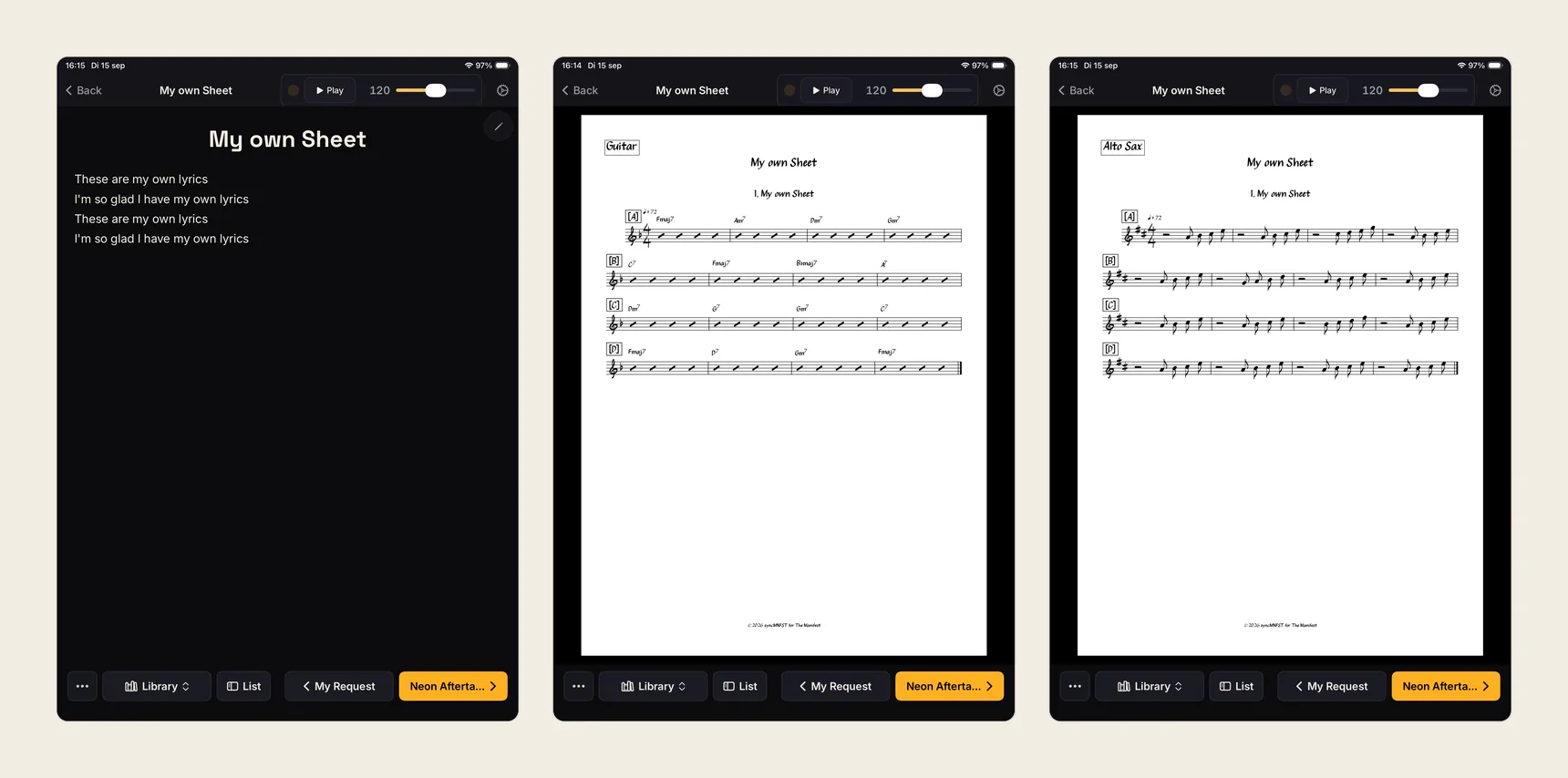 The same song on three iPads: lyrics for the singer, a guitar chart and an alto sax part