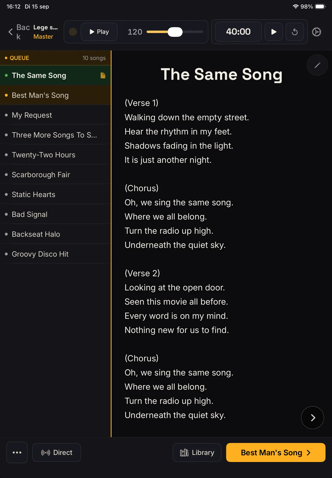 iPad of the bandleader, who is also the singer, with the setlist