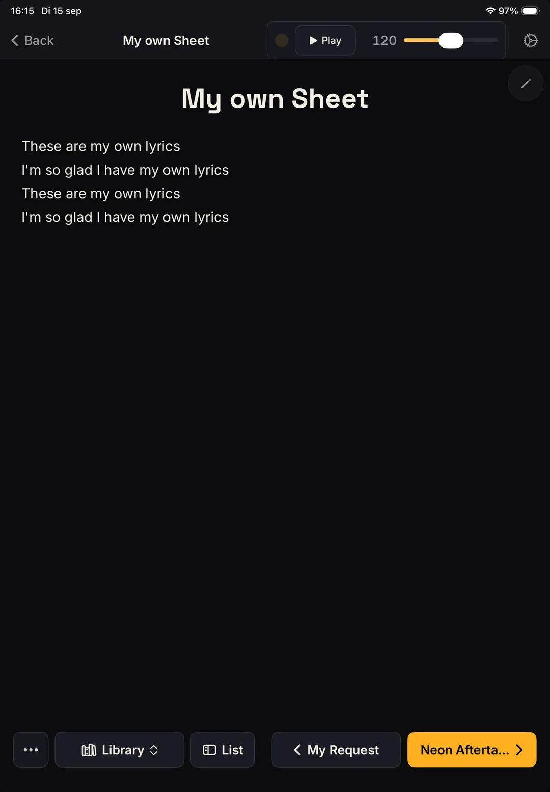 Lyrics for the singer on a musician's iPad
