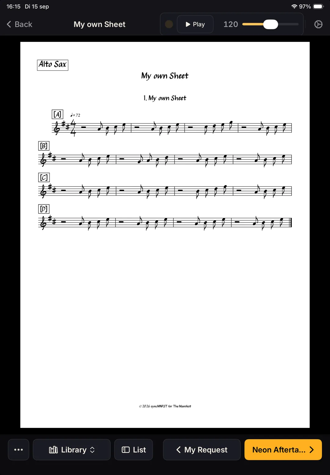 Horn part on a musician's iPad