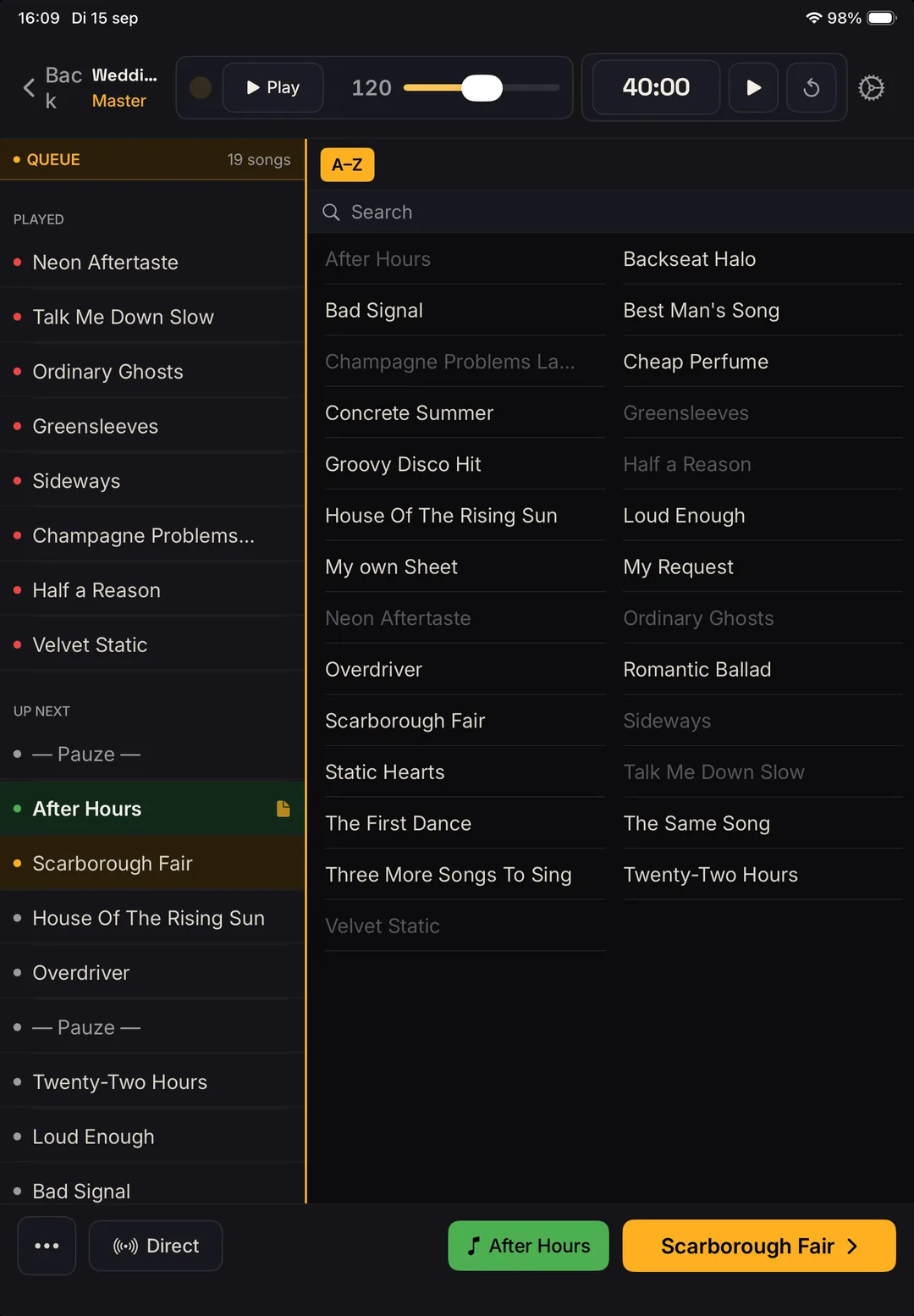 Changing the setlist order mid-set